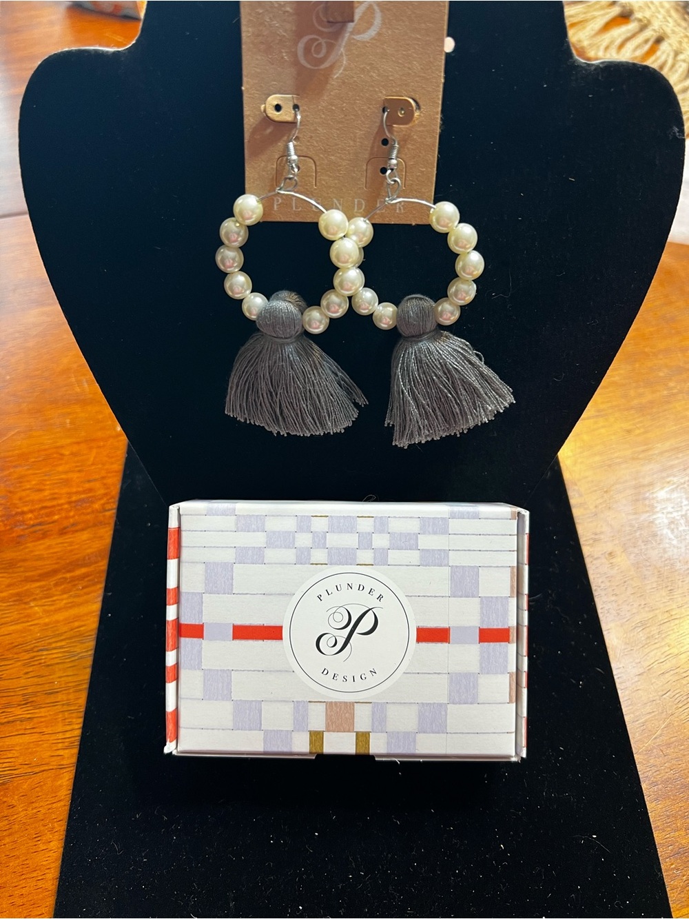 Plunder Cream Pearl Hoop Earrings with Charcoal Tassels
